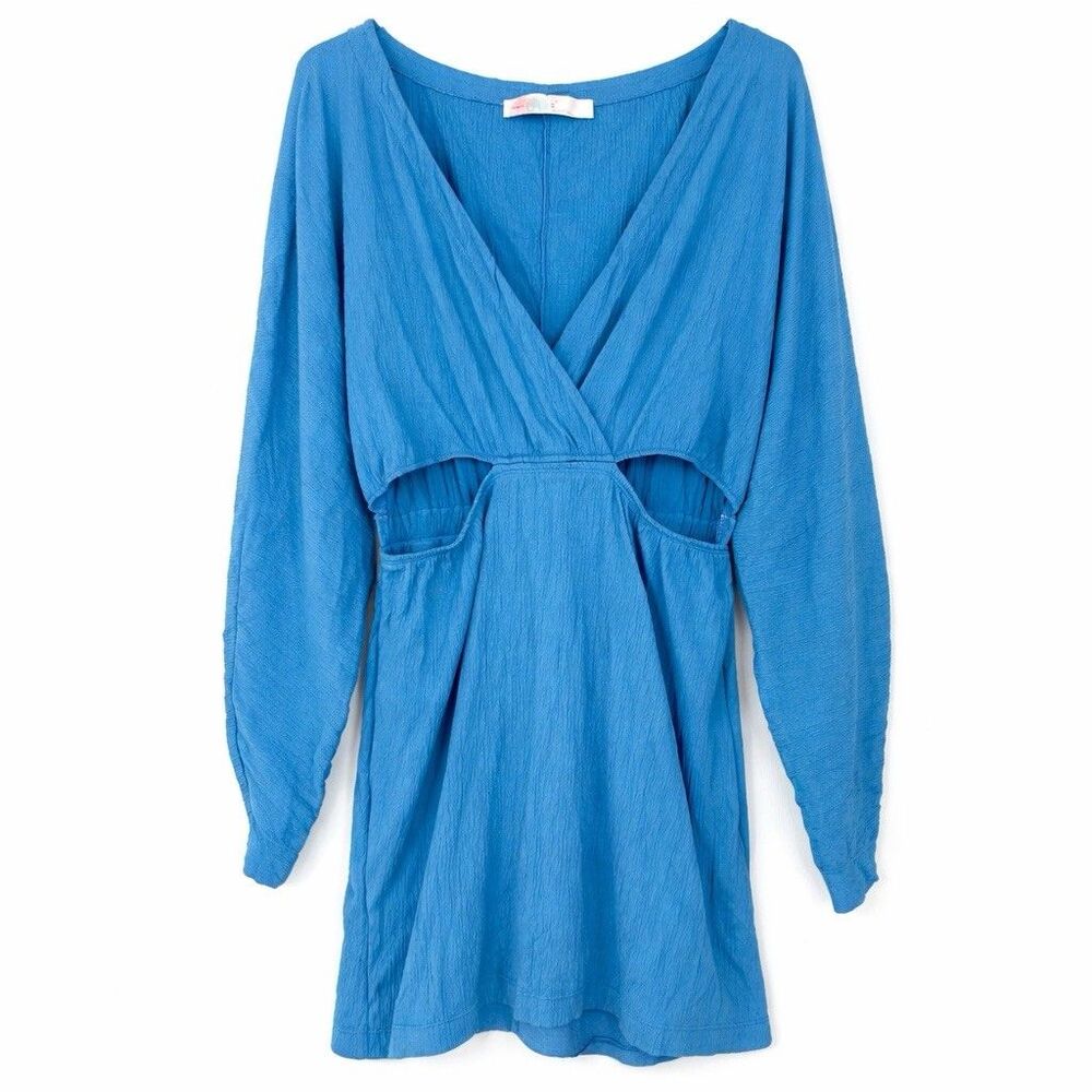 Free People FP Beach Blue Cutout Mini Dress Boho Flowy Long Sleeve M